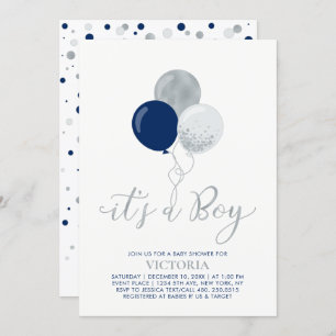 Navy & Silver Balloons It's a Boy Baby Shower Invitation