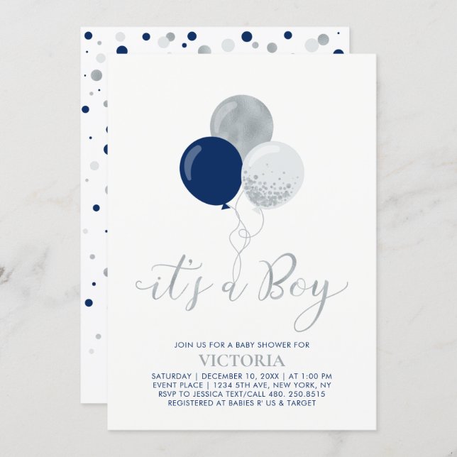Navy & Silver Balloons | It's a Boy Baby Shower Invitation (Front/Back)