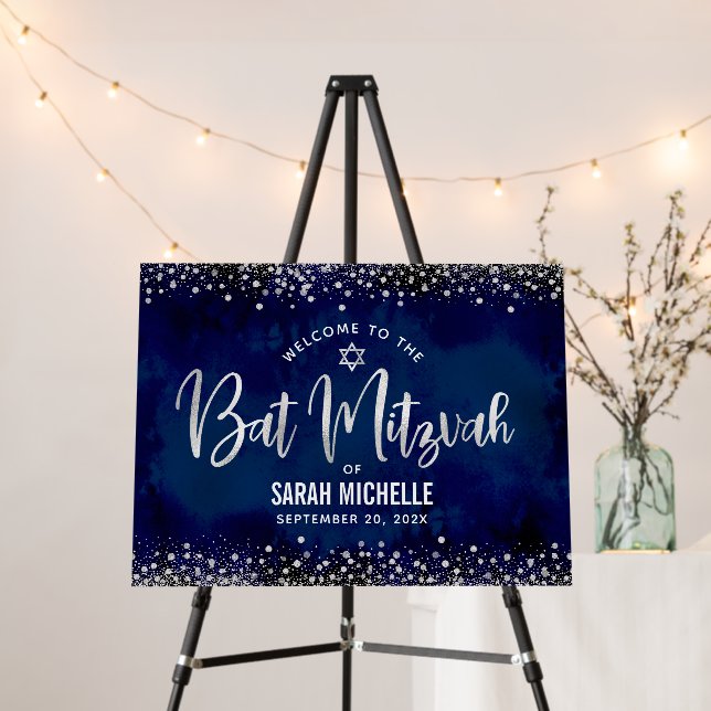 Navy Silver Bat Mitzvah Modern Script Glam Welcome Foam Board (In Situ (Stand))