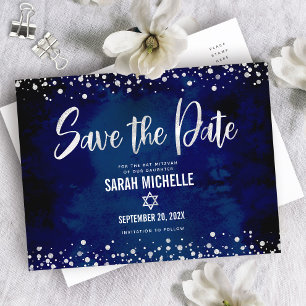 Navy Silver Bat Mitzvah Save Date Modern Script Invitation Postcard