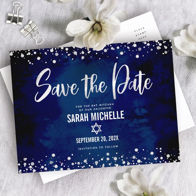 Navy Silver Bat Mitzvah Save Date Modern Script Invitation Postcard (Creator Uploaded)