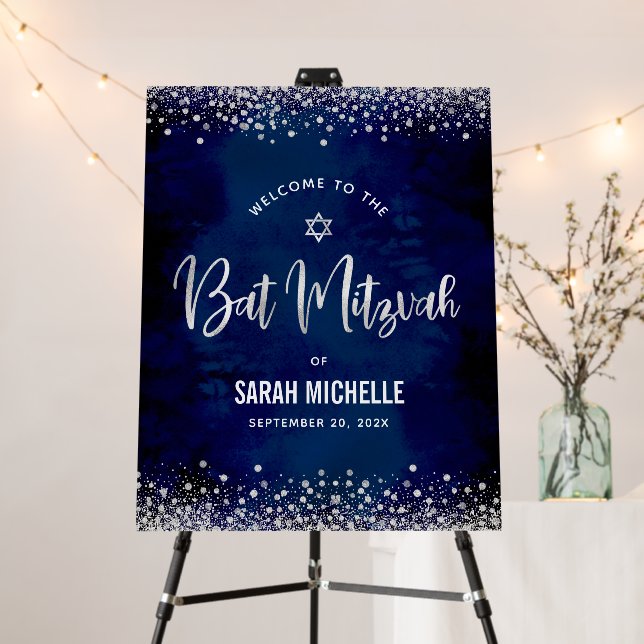 Navy Silver Bat Mitzvah Script Modern Glam Welcome Foam Board (In Situ (Stand))