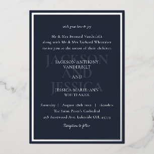 Navy & Silver Bold Elegant Minimalist Wedding Foil Invitation