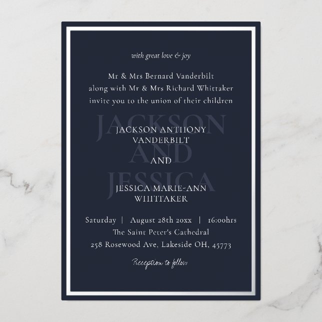 Navy & Silver Bold Elegant Minimalist Wedding Foil Invitation (Front)