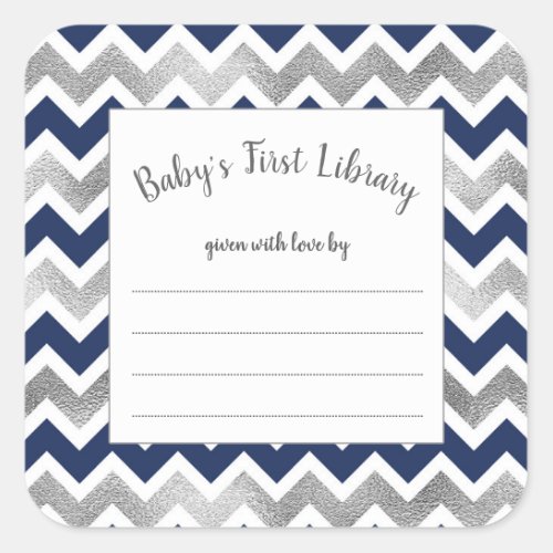 Navy Silver boy baby shower book plate sticker