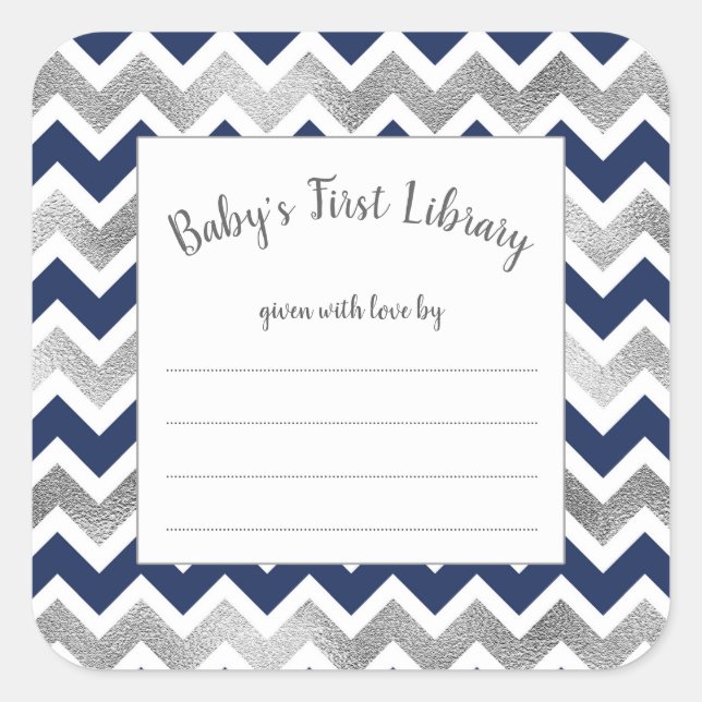 Navy Silver boy baby shower book plate sticker (Front)