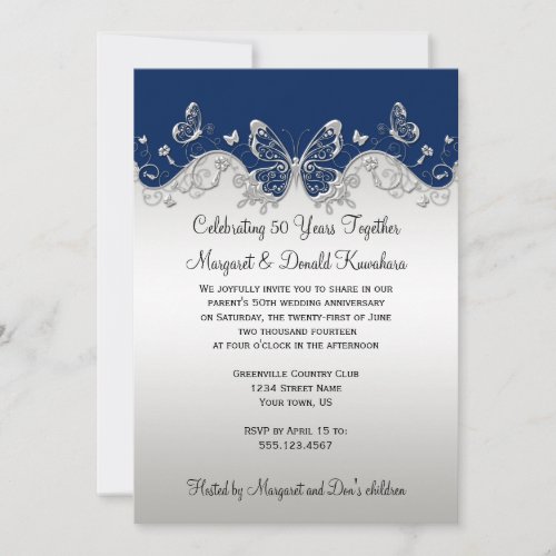 Navy Silver Butterflies 25th Anniversary Custom Announcements