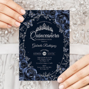 Navy Silver Butterflies Roses Quinceanera Invitation
