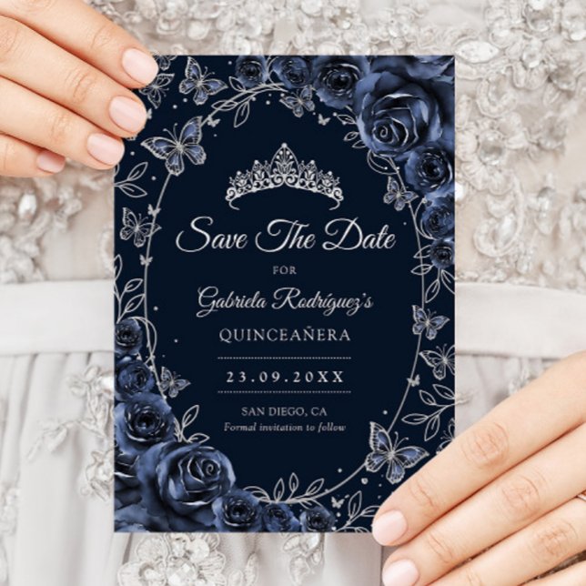 Navy Silver Butterflies Roses Quinceanera Save The Date (Creator Uploaded)