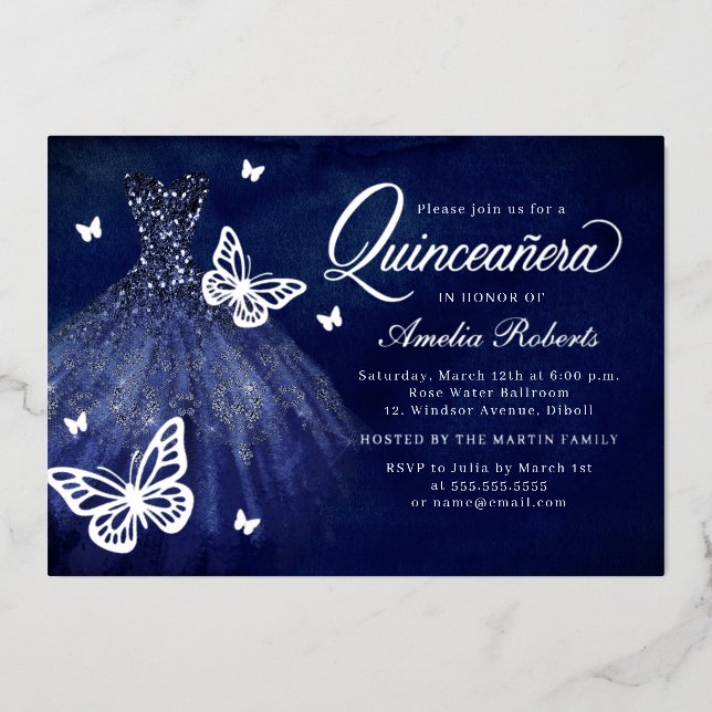 Navy Silver Butterfly Dress Quinceanera  Foil Invitation (Front)