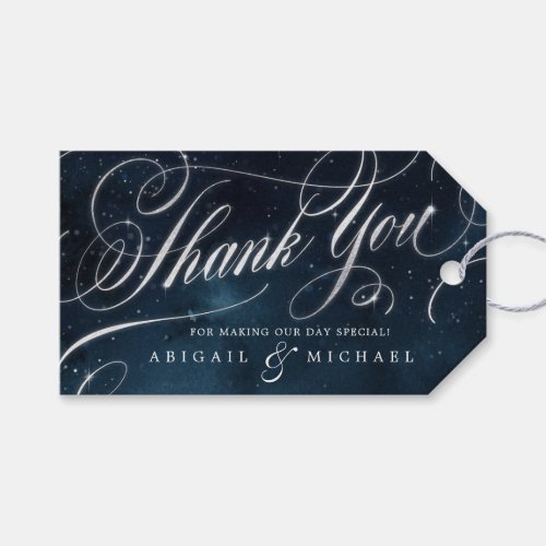 Navy silver calligraphy glam wedding thank you gift tags