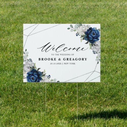 Navy Silver Champagne Geometric Wedding Welcome Sign