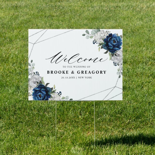 Navy Silver Champagne Geometric Wedding Welcome Sign (Insitu)