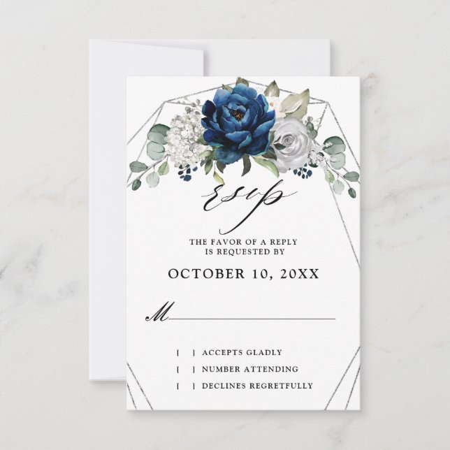 Navy Silver Champagne Ivory Geometric Wedding RSVP Card (Front)