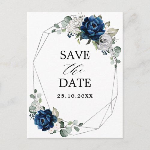 Navy Silver  Champagne Ivory Rose Save the Date Postcard