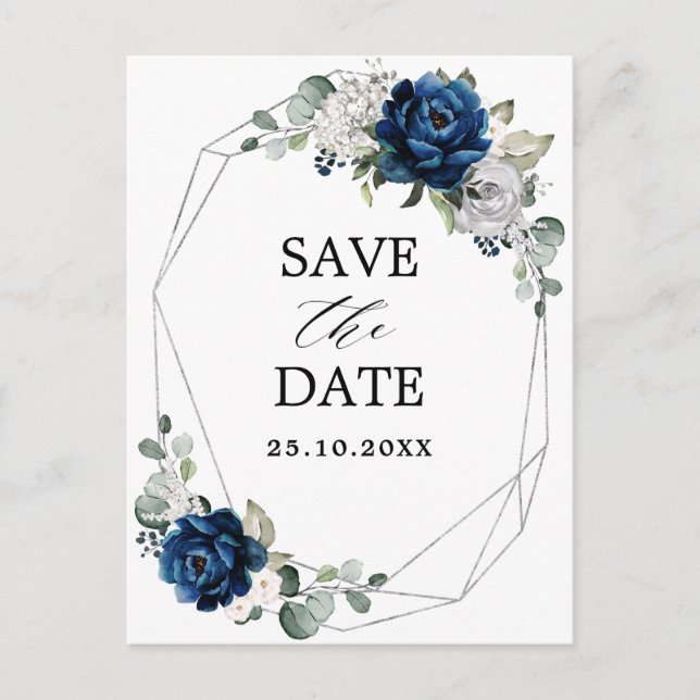 Navy Silver  Champagne Ivory Rose Save the Date Postcard (Front)