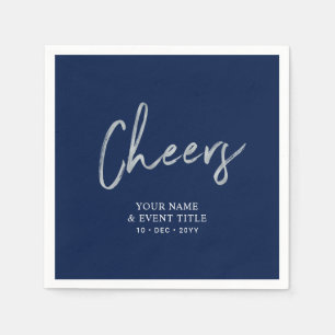 Navy Silver Cheers Brush Script Party Celebrations Napkins