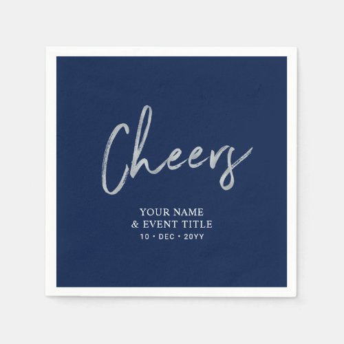 Navy Silver Cheers Brush Script Party Celebrations Napkins