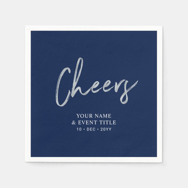 Navy Silver Cheers Brush Script Party Celebrations Napkins (Front)