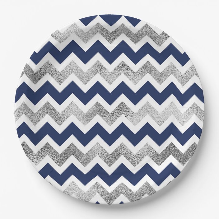 Navy Silver Chevron Baby Shower Decor Paper Plate Zazzle Com