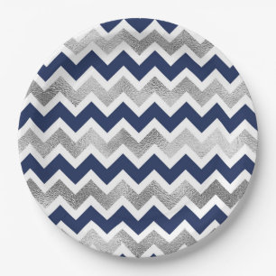 Navy Silver Chevron baby shower decor Paper Plates