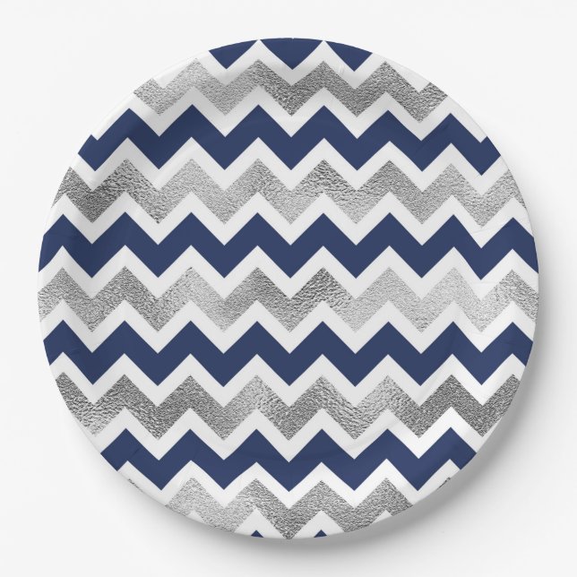 Navy Silver Chevron baby shower decor Paper Plates (Front)