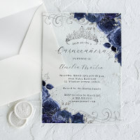 Navy Silver Clear Acrylic Floral Quinceanera