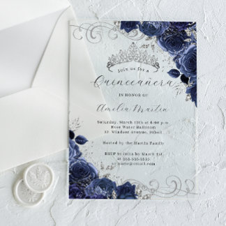 Navy Silver Clear Acrylic Floral Quinceanera Invitations