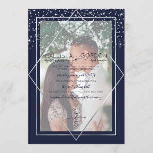 Navy Silver Confetti Geo Border Photo Wedding Invitation