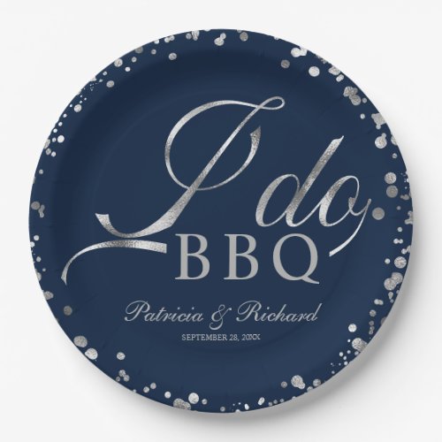Navy Silver Confetti I Do BBQ Engagement Party  Paper Plates