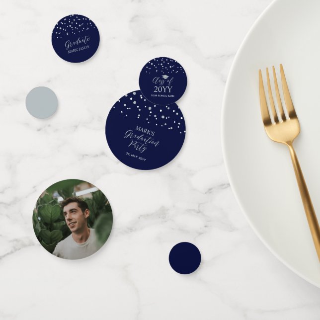Navy Silver Confetti Modern Graduation Party Decor (Group)