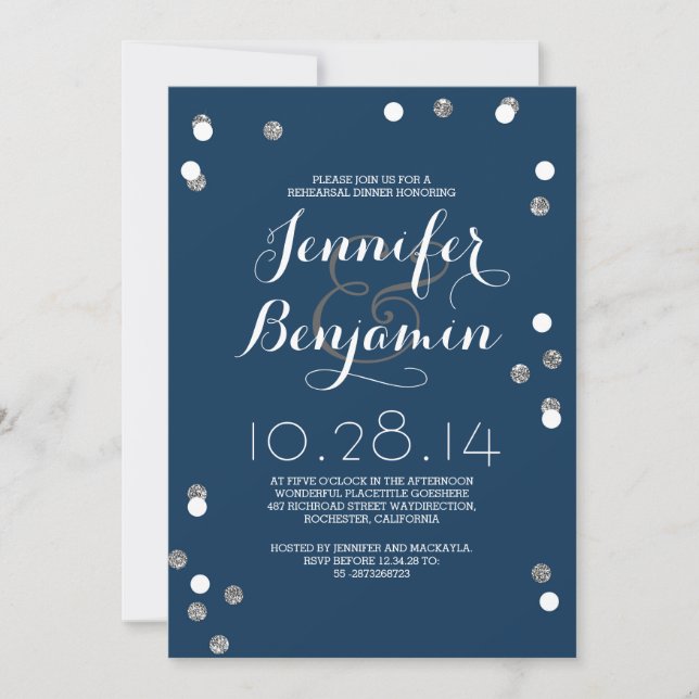 Navy & Silver Confetti Modern Rehearsal Dinner Invitation (Front)