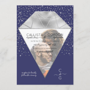 Navy Silver Diamond Confetti Glitter Photo Wedding Invitation