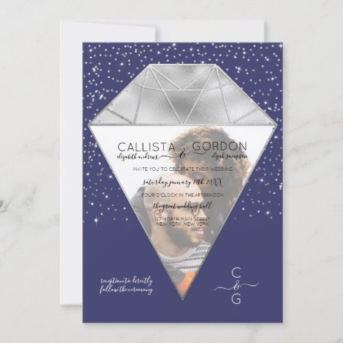 Navy Silver Diamond Confetti Glitter Photo Wedding Invitation