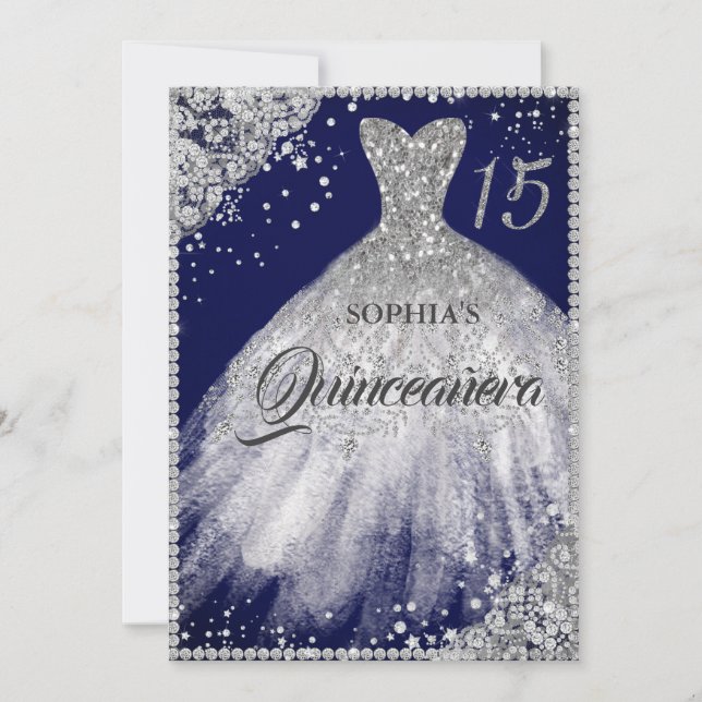 Navy Silver Diamond Lace Sparkle Gown Quinceanera Invitation (Front)