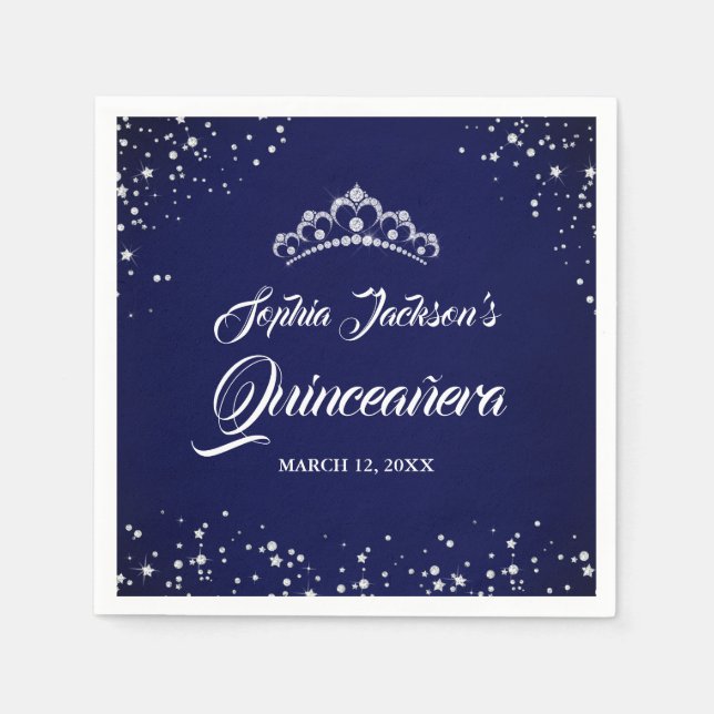 Navy Silver Diamond Lace Sparkle Gown Quinceanera Napkins (Front)