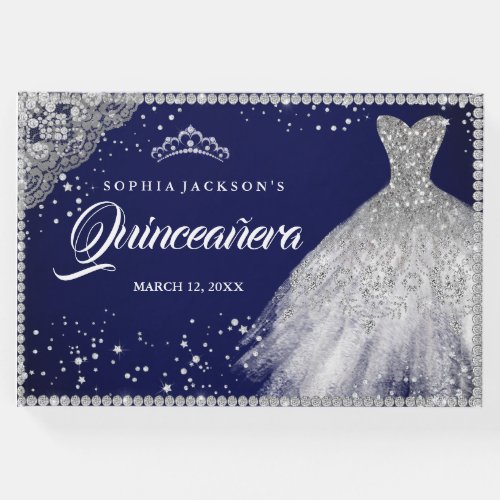 Navy Silver Diamond Sparkle Gown Quinceanera Guest Book