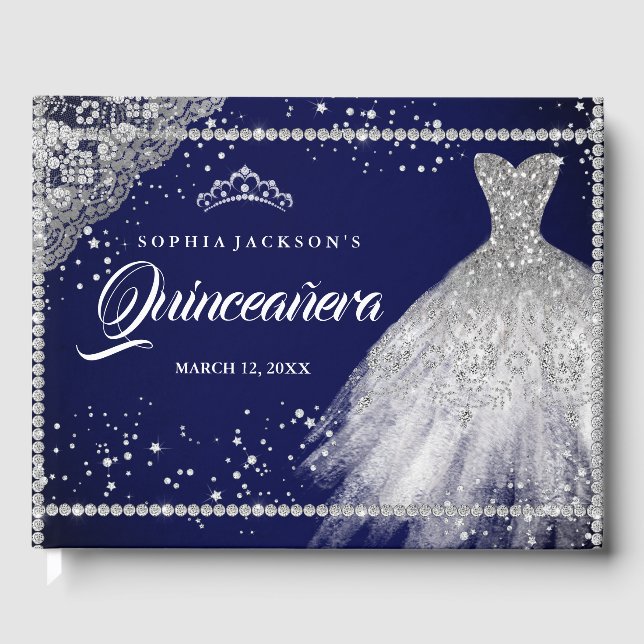 Navy Silver Diamond Sparkle Gown Quinceanera Guest Book (Front)