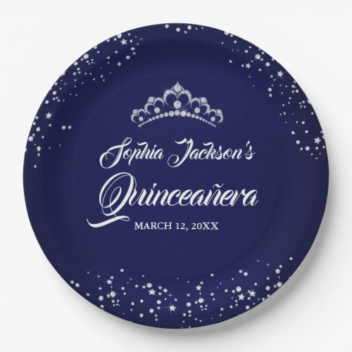 Navy Silver Diamond Sparkle Gown Quinceanera Paper Plates