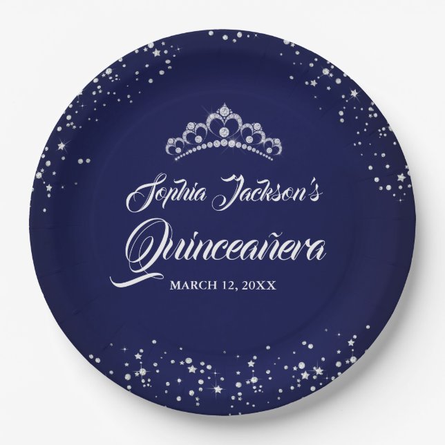 Navy Silver Diamond Sparkle Gown Quinceanera Paper Plates (Front)