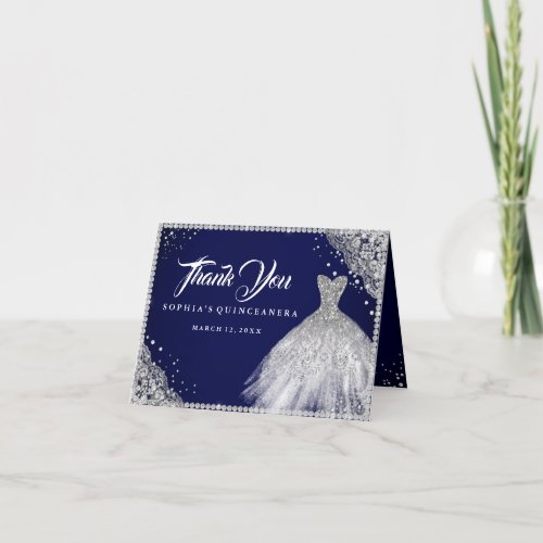 Navy Silver Diamond Sparkle Gown Quinceanera Thank You Card