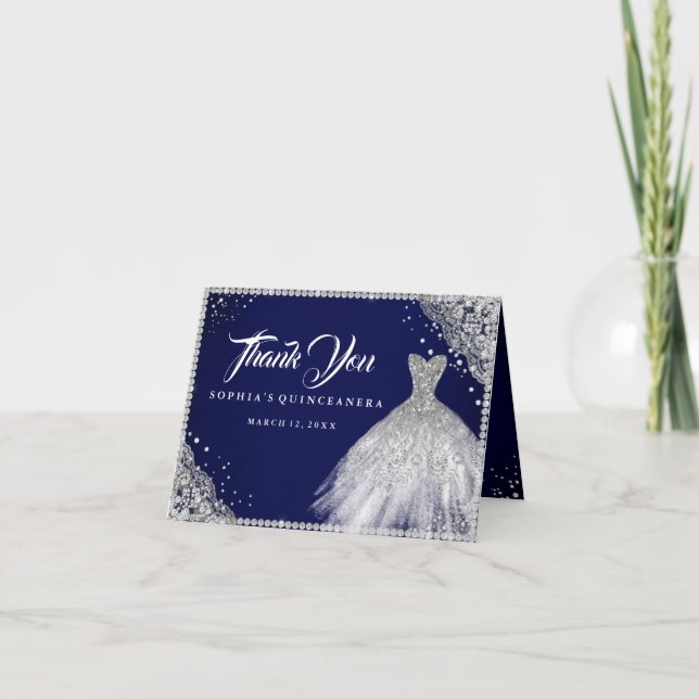 Navy Silver Diamond Sparkle Gown Quinceanera Thank You Card (Front)