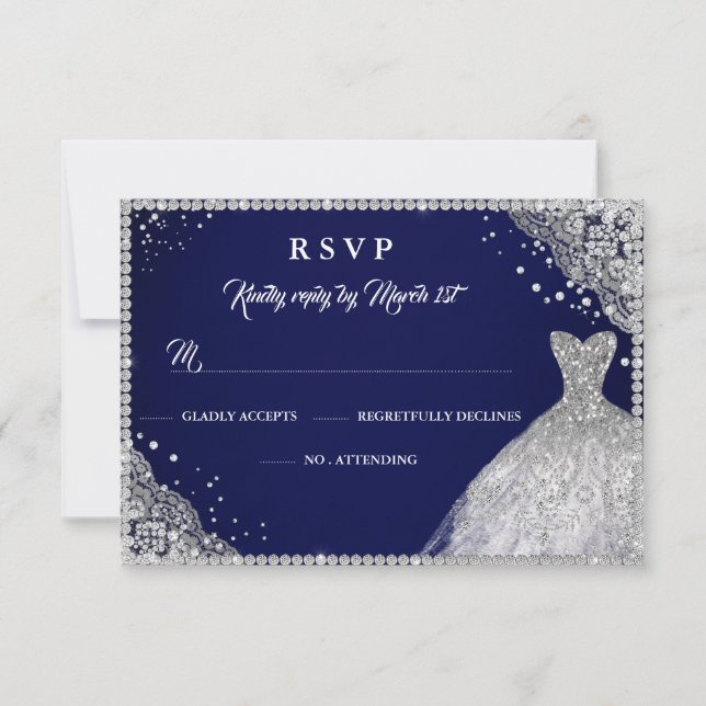 Navy Silver Diamond Sparkle Gown RSVP Card (Front)