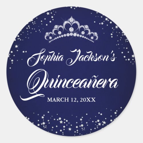 Navy Silver Diamond Sparkle Tiara Quinceanera Classic Round Sticker