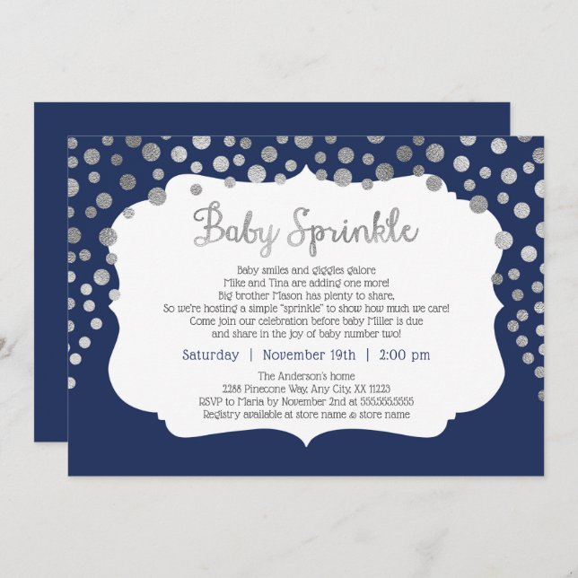 Navy silver Dot baby sprinkle invitations (Front/Back)