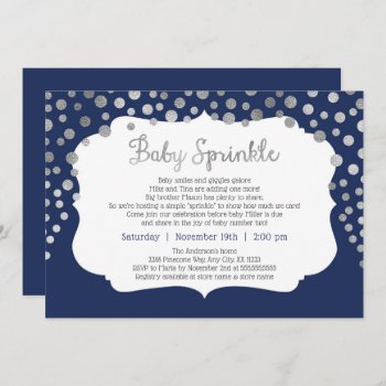 Navy Silver Dot Baby Sprinkle Invitations by lemontreecards at Zazzle