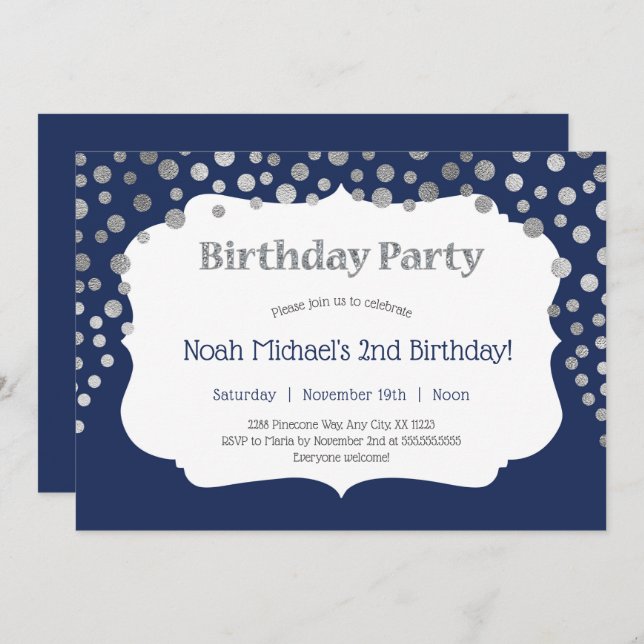 Navy silver Dot birthday party Invitation (Front/Back)