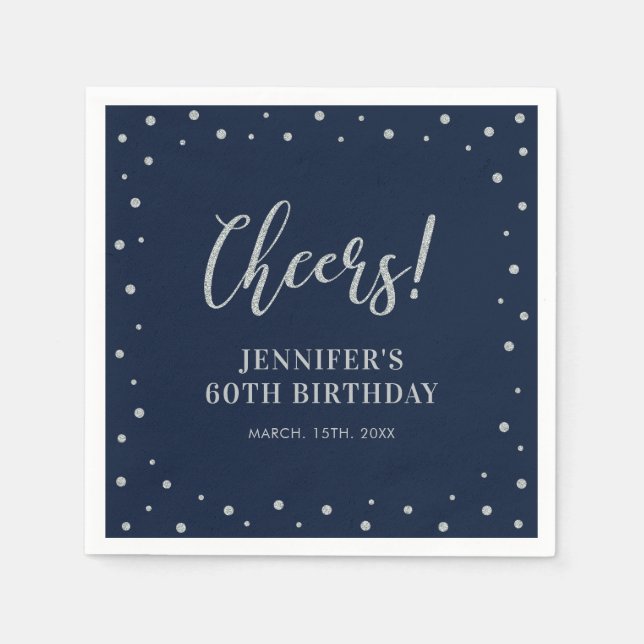 Navy & Silver Elegant Classic Adult Birthday Party Napkins (Front)