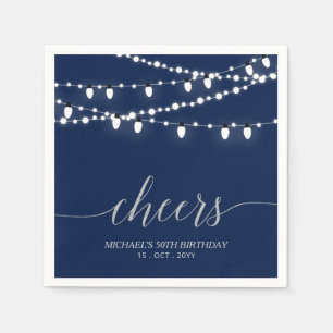 Navy & Silver Elegant Lights Adult Birthday Party Napkins