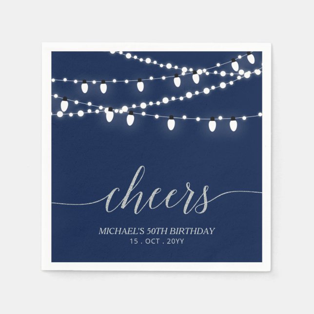 Navy & Silver Elegant Lights Adult Birthday Party Napkins (Front)